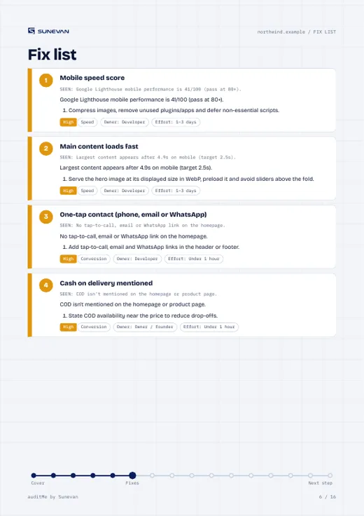 Fix list with steps, owner and effort